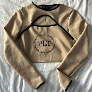 PRETTYLITTLETHING Beige Scuba Contrast Binding Cut Out Crop Top